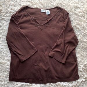 Cocoa brown White Stag Plus 20w BEADED V Neckline cotton Knit Top 29” pit to pit